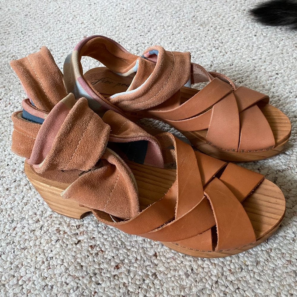 Free People Tan Leather Crisscross Mule Sandals